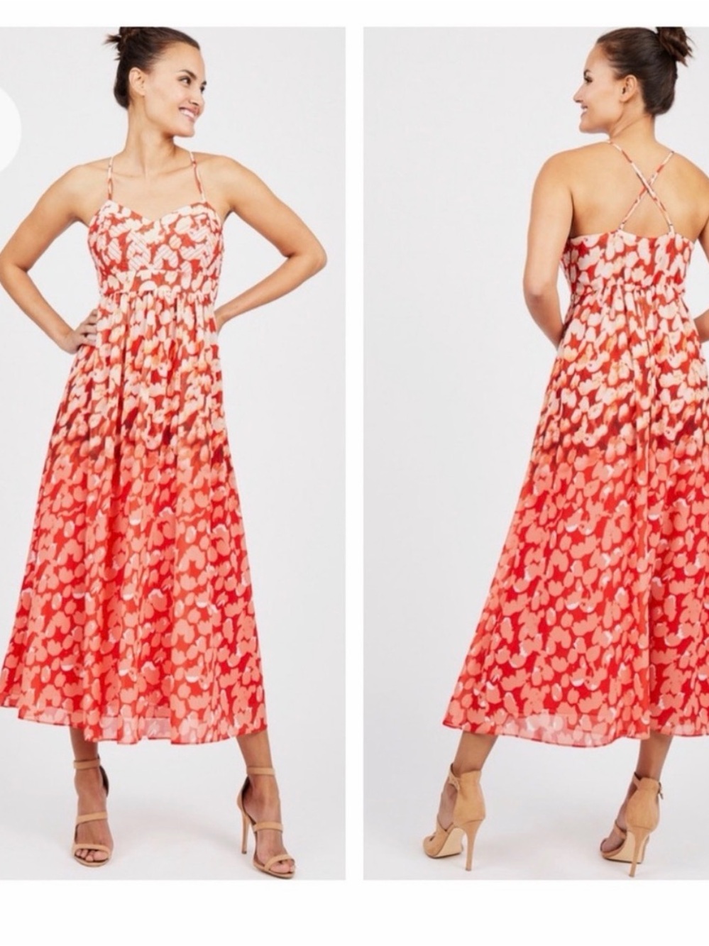 Badgley Mischka Red and Cream Floral Spaghetti-Strap Maxi Dress